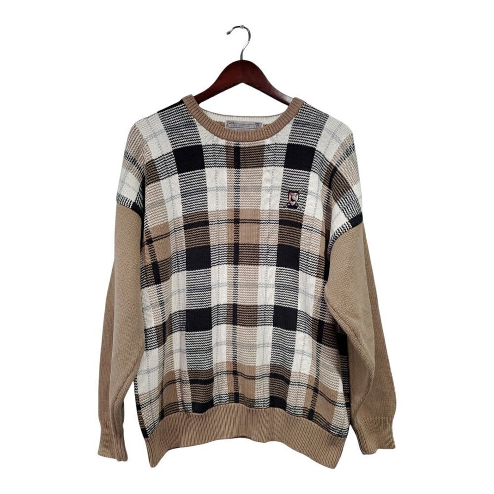 Vintage John Ashford Golf 100% Cotton Pullover Sweater Men's Brown Plaid Sz XL
